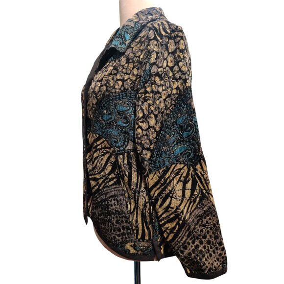 Womens L Jacket Reversible Jacquard Brocade Black Gold Blue Boho 90s Vintage - Picture 13 of 16